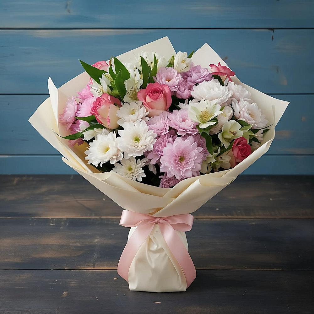 Букет цветов из: Хризантемы, Альстромерии и Розы в Верх-Нейвинский